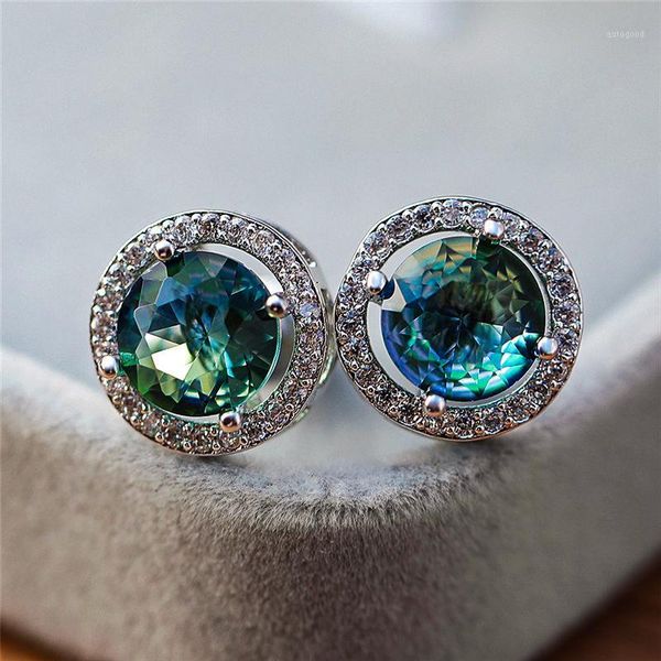 

stud luxury female round blue green earrings elegant silver color zircon stone vintage wedding for women1, Golden;silver