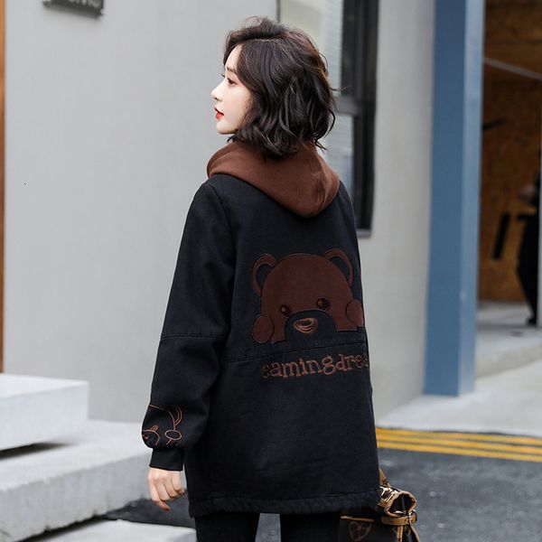 

and 2021 autumn new winter heavy-shouldered big size women's wear embroidered denim in korean style trench coat xbcy, Black;brown