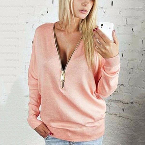 

wholesale- women cozy hoodies sweatshirts autumn 2017 zipper v-neck solid jumpers long sleeve women casual fashion sudadera mujer1, Black