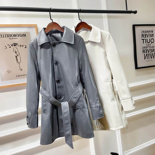 

women's wide wind belt long coat, synthetic leather with belt, 2020