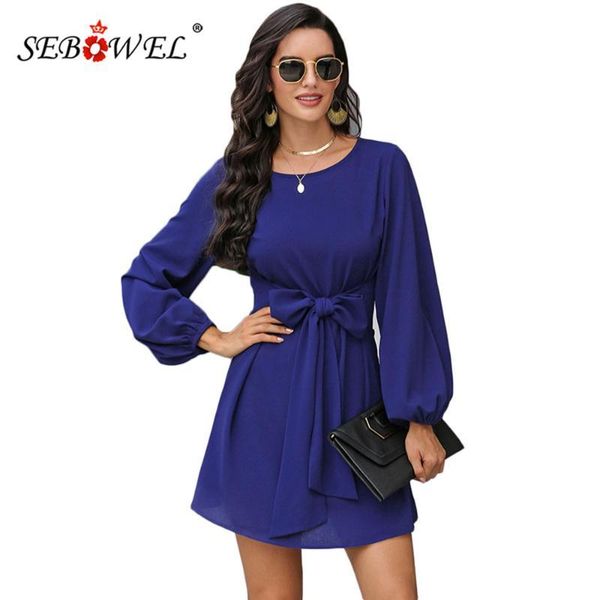 

sebowel casual women's tie up bow long sleeve dresses autumn 2020 female round neck puff sleeve mini dress ladies dress s-xl, Black;gray