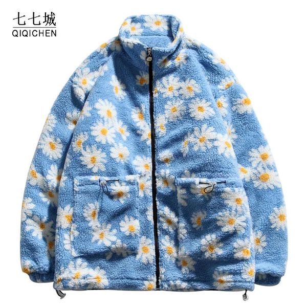 

men's down & parkas cotton padded thick jackets men streetwear hip hop daisy print fleece warm full lambswool coats fashion harajuku ou, Black