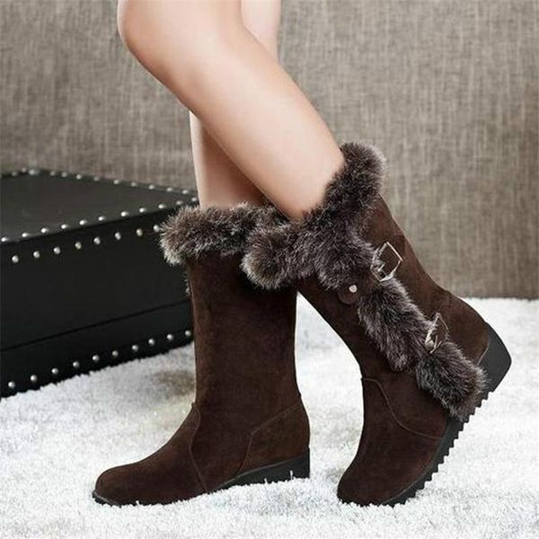 

boots 2021 winter women casual warm fur mid-calf shoes slip-on round toe flats snow muje plus size 35-42, Black