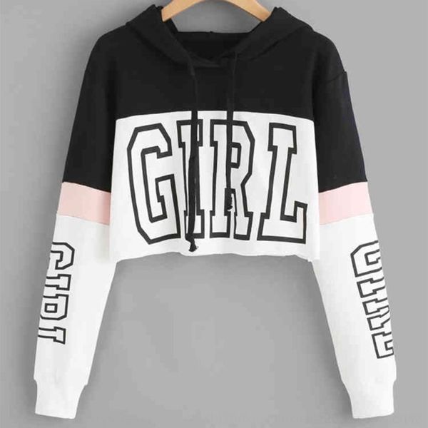 

hwqra autumn new short color matching letters sweater neck long sleeve hooded women's pullover pulloversweater pullover round odbeh, Black