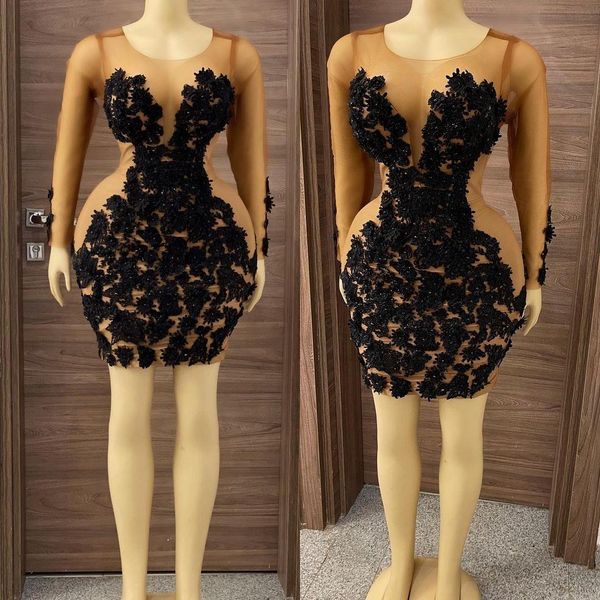 

little black dresses champagne lining short prom cocktail dresses with long sleeve lace floral african aso ebi evening wear gown, Black;red