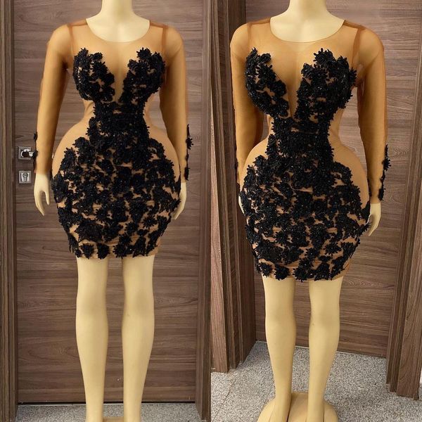 Pouco vestidos pretos Champagne Forro Curto Prom Cocktail Vestidos com Laço de Manga Longa Floral Africano Aso Ebi Night Wear Vestido