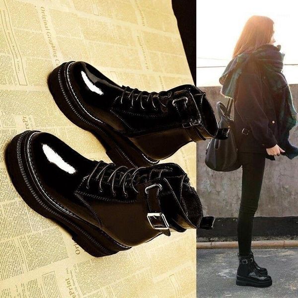 

boots women'sversatile high shoes thi bottomed plus velvet patent leather short boots students platform lady shoes -401, Black