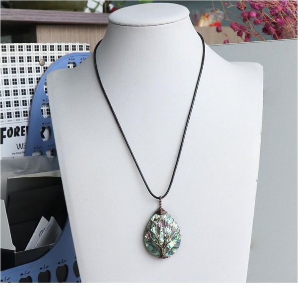 

vintage tree of life pendant necklace women copper wire wrapped natural abalone shell pendants jewelry water teardrop-sh qylkwx, Black