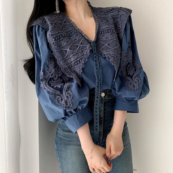 

fancy lace patchwork blouse lantern sleeve shirt women princess chemise femme chemisier blusa mujer, White