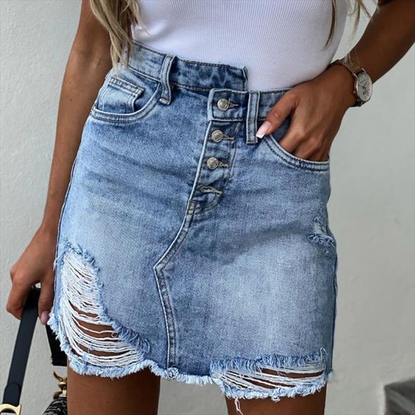 

women casual mini jean skirt female high waist skirt a line button ripped hole denim, Black