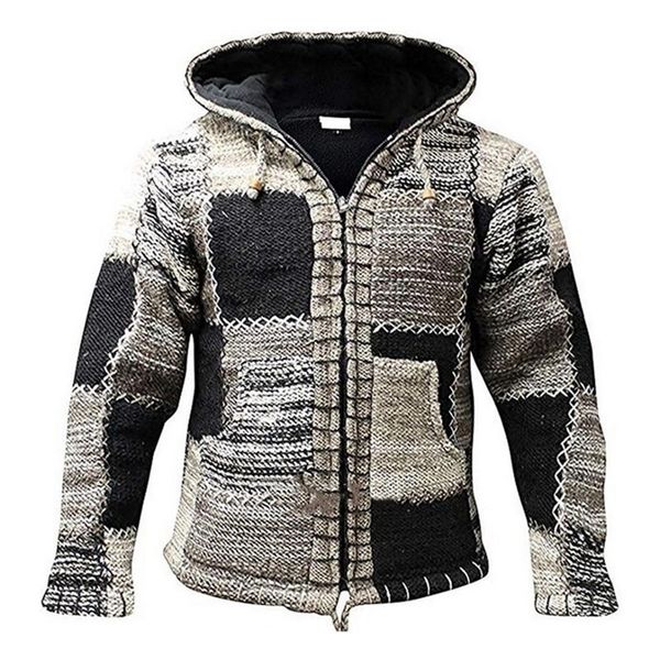

laamei vintage men hooded cardigan sweaters jacket men autumn patchwork knit ethnic style outwear patch hoodies coat sweater 201105, White;black