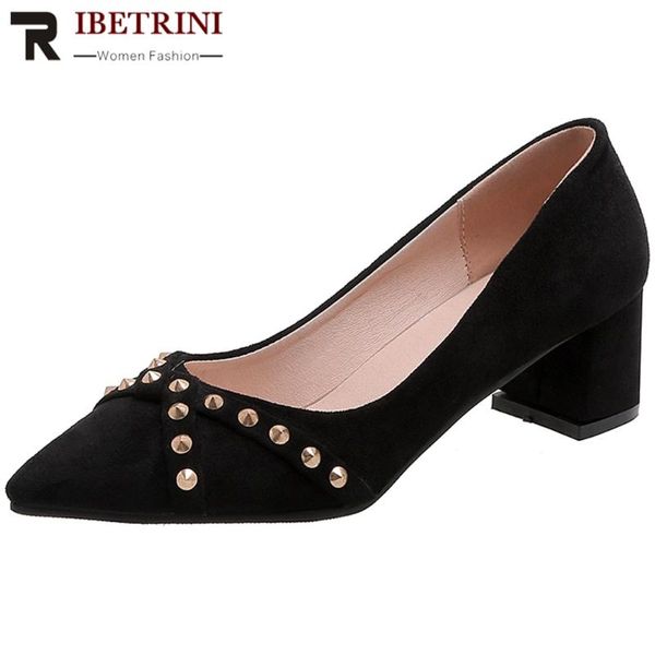 

ribetrini new consise female shoes woman spring rivet pointed toe slip on shallow pumps women high heel flock office pumps, Black