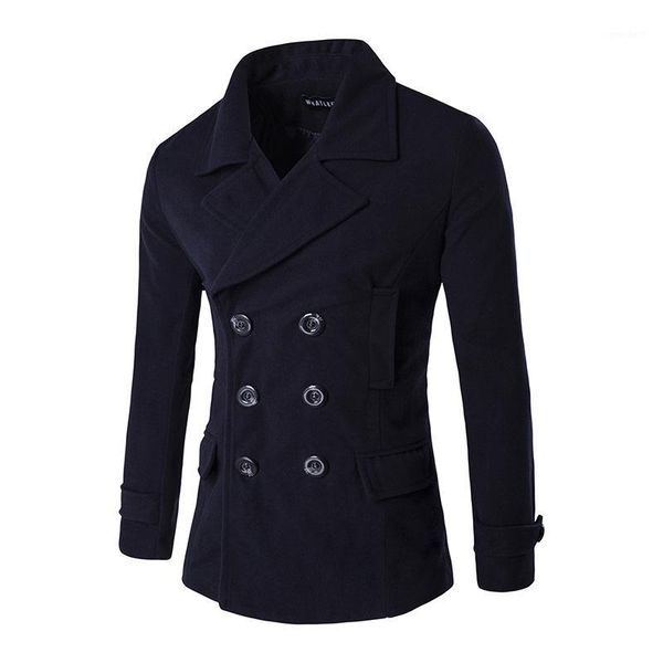 

men's wool & blends winter fashion double breasted jacket lapel woolen coat color1, Black