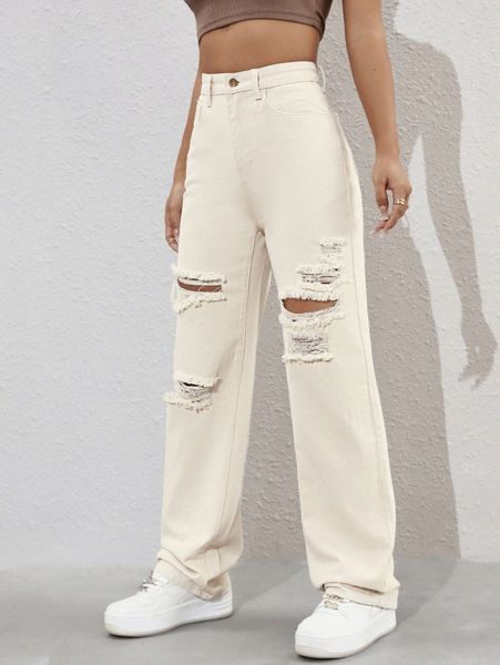 

high waist ripped straight leg jeans i8hf#, Blue
