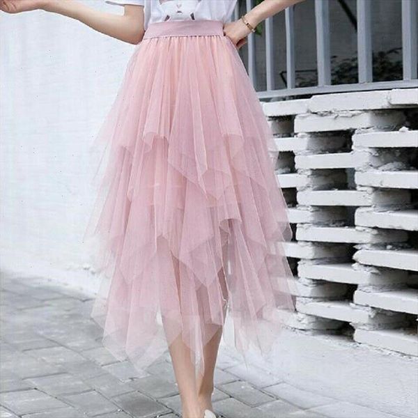 

womens elastic high waist irregular hem medium long skirt spring summer solid color layered pleated midi tulle mesh skirt, Black