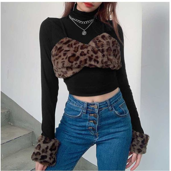 

women's t-shirt spring and autumn long sleeve stitching leopard print half high neck fashion slim female short, White