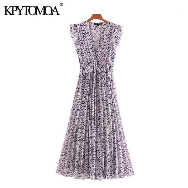 

kpytomoa women 2020 chic fashion pleated printed ruffled midi dress vintage sleeveless elastic waist tied female dresses mujer1, Black;gray