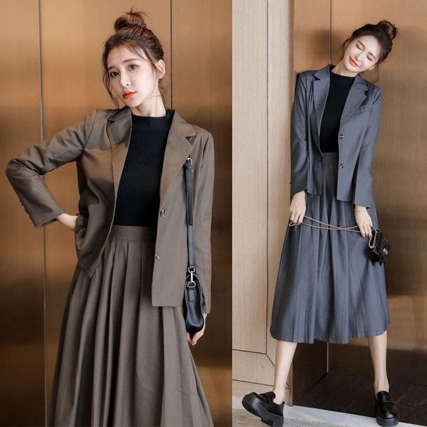 

two piece dress spring autumn fashion suit jacket female korean pleated skirt suits set casual wild blazer for office lady y1301, White