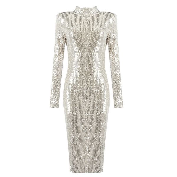 

2021 new sequins beading long sleeve slim body midi high waist women party vestidos kdlr, Black;gray