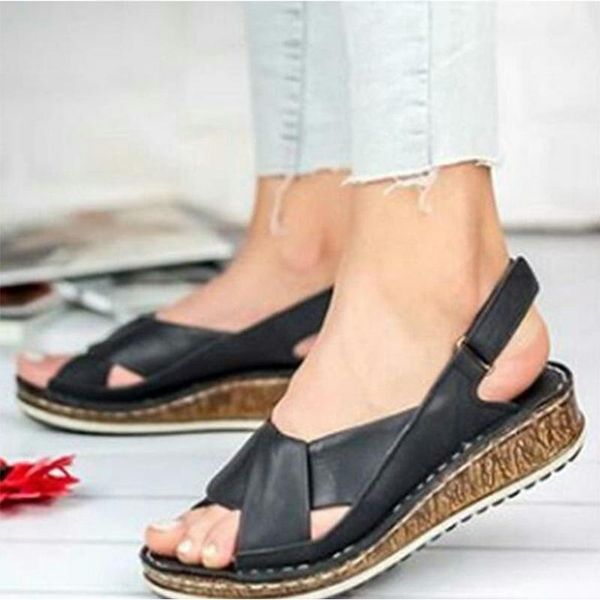 

summer women's sandals open toe retro buckle ladies slingbacks cross sewing wedge shoes female soft platform casual woman shoes, Black