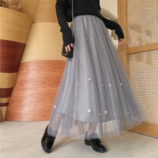 

ailegogo 2020 women autumn winter tulle empire long skirt casual korean style sweet fashion ladies female elegant skirt sk70151, Black