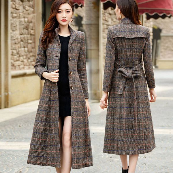 

fashion plaid trench female autumn and winter 2019 women's long temperament slim stand collar mom woolen coat f2349, Black