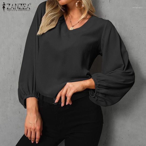 

fashion women long puff sleeve blouse zanzea casual shirts elegant lady vl neck spring solid loose blusas femininas 71, White