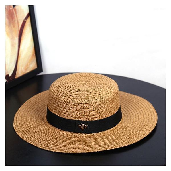 

sun hats small bee straw hat european and american retro gold braided hat female loose sunscreen sunshade flat cap visors hats1, Blue;gray