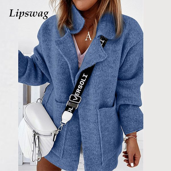 

women elegant knitted sweater cardigan coat autumn winter turn-down collar jackets vintage warm pocket long sleeve coat c1030, Black