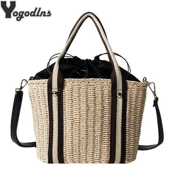 

shopping bags summer handmade for women weaving ladies straw beach rattan kintted handbags bohemia knitted shoulder bag220307