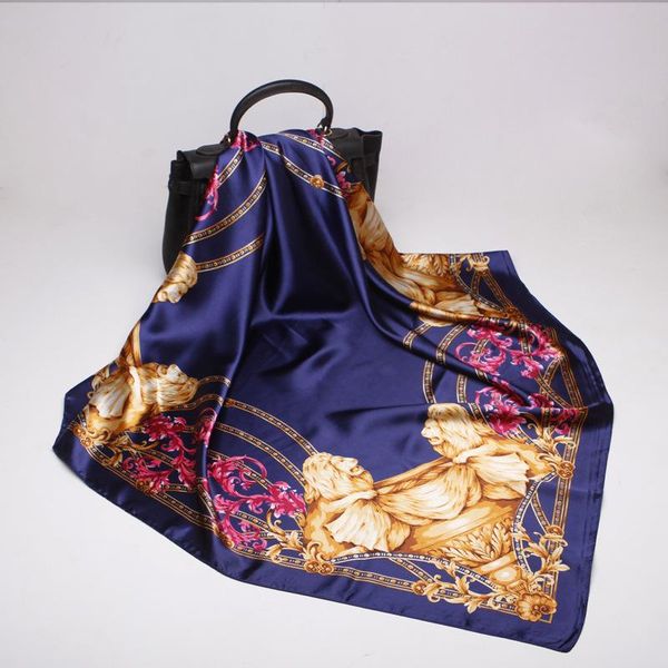 

2021 90x90 Flower lion Multipurpose women Silk twill scarf Satin square tie Hairband ladies foulard femme towel bufanda shawl, Blue;gray