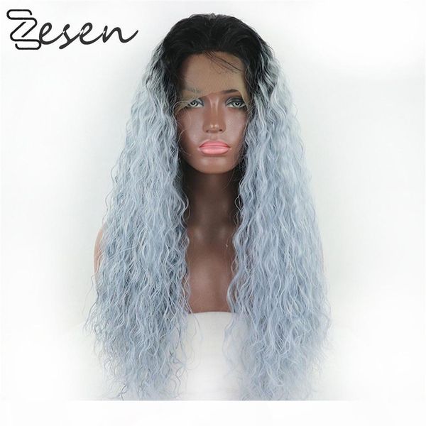

zesen noble long grey ombre colored wig deep wave high temperature fiber middle part 180% heavy density lace front synthetic wig, Black