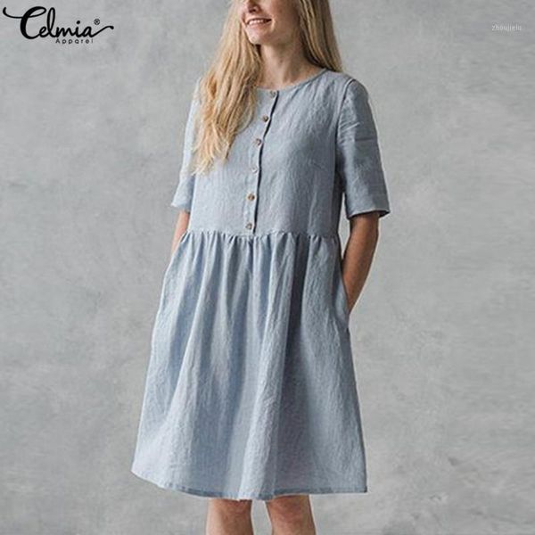 

celmia women vintage cotton shirt dress 2020 summer short sleeve buttons loose solid casual party knee-length vestidos plus size1, Black;gray