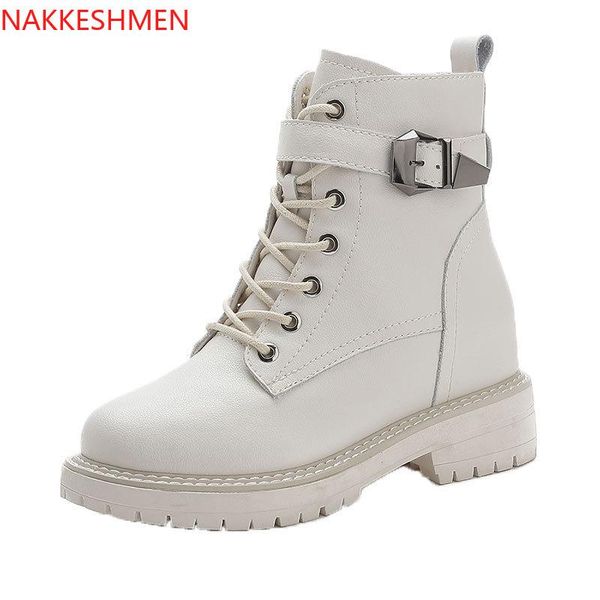 

nakkeshmen-2020 autumn new leather motorcycle boots women's platform elevator buckle boots female students zipper casual shoes, Black
