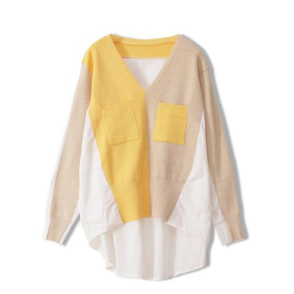 

spring autumn women sweaters korean style v-neck casual loose stitching asymmetrical long sleeve femmes pullover outerwear, White;black