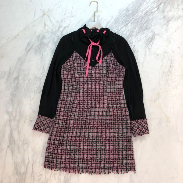 

2020 milan runway dress autumn long sleeves tweed designer logo dress high end pink straps logo dresses 801405, Black