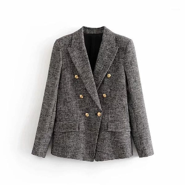 

women tweed plaid blazers suits notched neck houndstooth jacket double breasted pockets fashion coat female chaquetas1, White;black