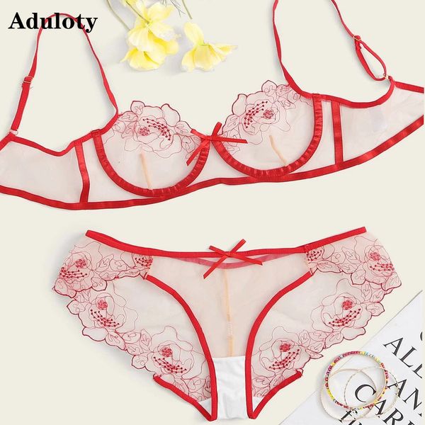 

bra set embroidery flowers perspective lace mesh oversized lingerie underwear set women bralette transparent bra panty set c1114, Red;black
