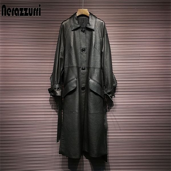 

nerazzurri long soft ruffle faux leather trench coat for women raglan sleeve sashes plus size clothing for women lj201127, Black