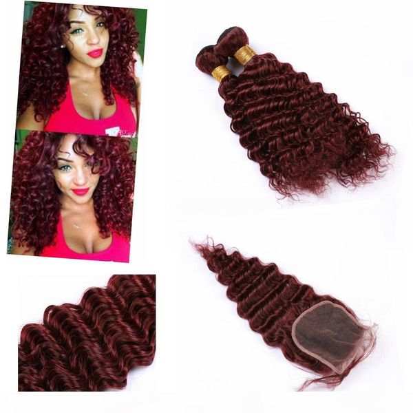 

chinese 3 bundle with closure deep wave #99j color wet and wavy red bundles with closure, Black;brown