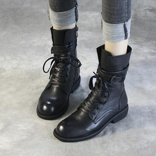 

boots female genuine cow leather woman footwear retro shoes handmade ankle black rubber low heels riding normal size1