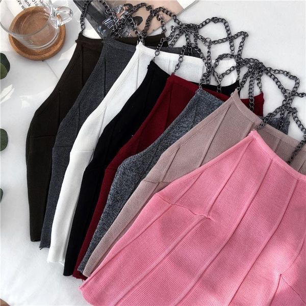 

knit camis women slim knitting halter neck camisole female chain straps crop tanks sleeveless solid t shirts tees, White