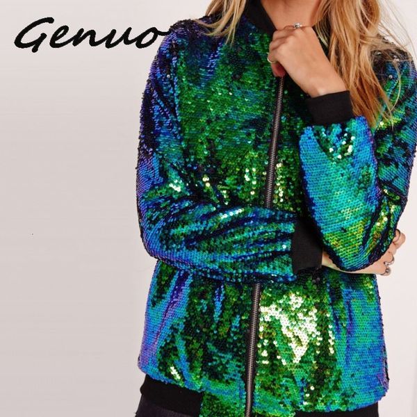

genuo autumn winter women sequin coat fashion long sleeve shiny bomber jacket zipper streetwear casual loose glitter outerwear, Black;brown