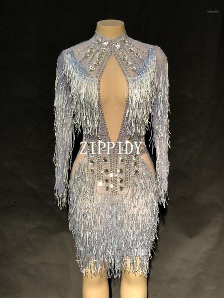 

fashion crystals mesh dress rhinestones see through stretch stage dance wear evening celebrate fringes dress costume1, Black;gray