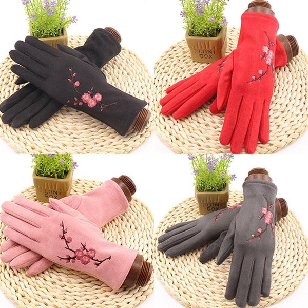 

five fingers gloves women suede leather warm cashmere plus velvet full finger plum blossom embroidery mittens touch screen driving, Blue;gray