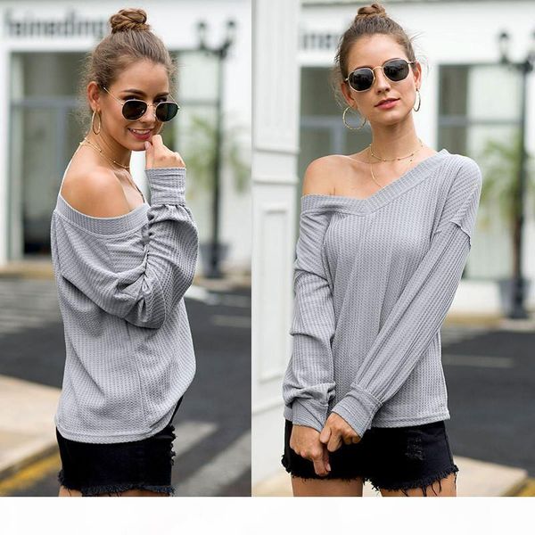 

v neck long sleeve t shirts off shoulder loose t shirt solid color autumn women clothes black pink blue drop ship 220221, White