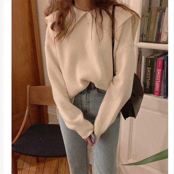 

минимализм урожай питер пэн ошейник 2020 моды сладкая женщина приработки сыпучего повседневный вязаный все совпадение свитер, White;black