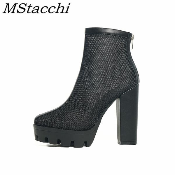 

mstacchi mesh fretwork breathable and comfortable women high heel boots back zipper rubber sole ladies shoes botas de mujer, Black