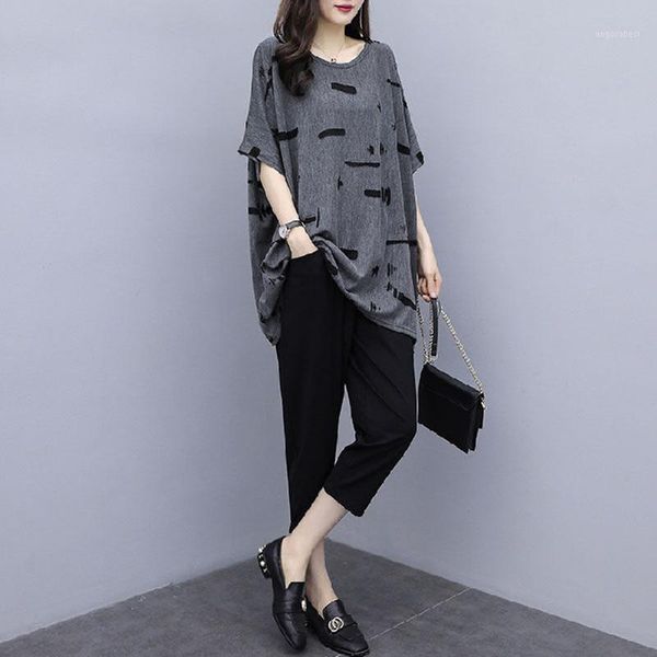 

missky women suits clothes set summer round collar short sleeve +ninth pants set female sets new 20201, Gray