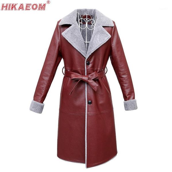 

leather women's long coats 2020 autumn winter new velvet thick pu leather windbreaker long sleeve turn-down collar fur coats1, Black